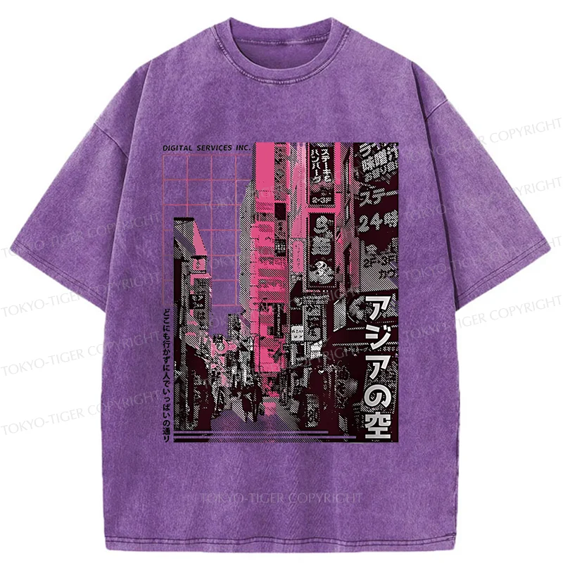 Tokyo-Tiger Tokyo Street Scene Washed T-Shirt