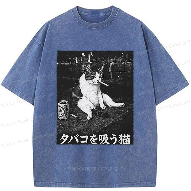 Tokyo-Tiger Smoking Cat Funny Washed T-Shirt