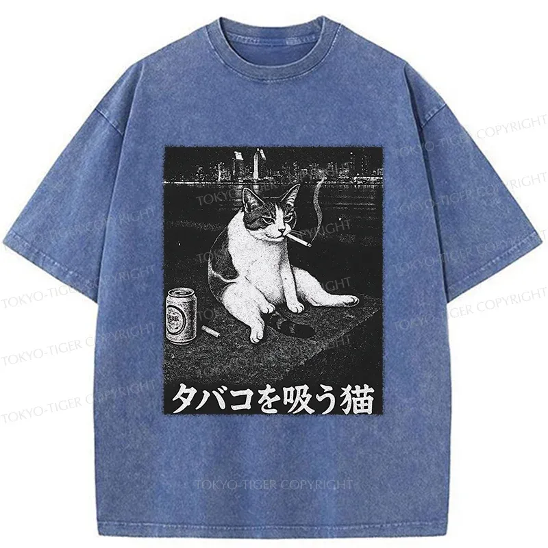Tokyo-Tiger Smoking Cat Funny Washed T-Shirt