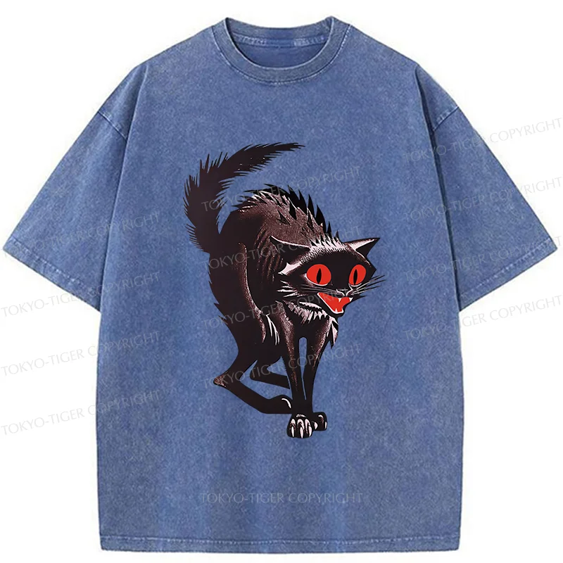 Tokyo-Tiger Halloween Scary Black Cat Washed T-Shirt