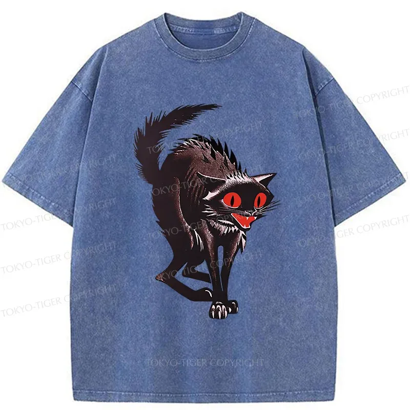 Tokyo-Tiger Halloween Scary Black Cat Washed T-Shirt