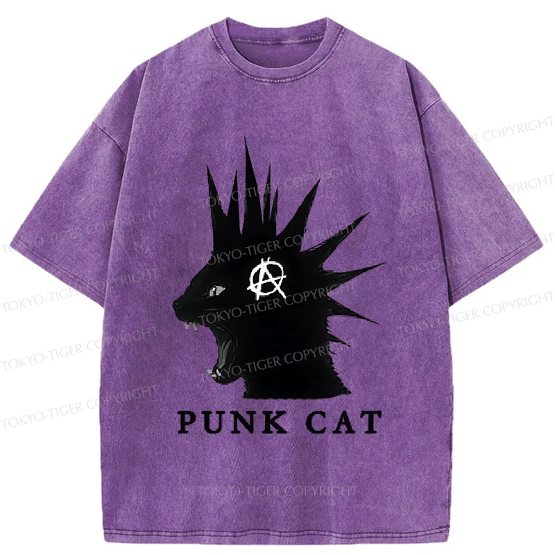 Tokyo-Tiger Punk Cat Funny Washed T-Shirt