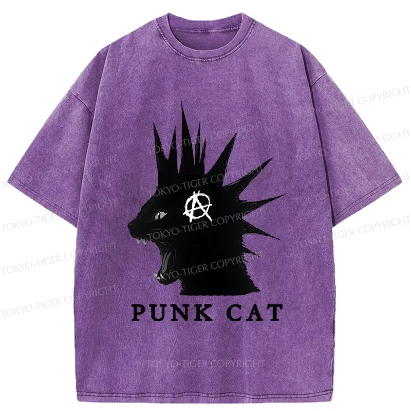 Tokyo-Tiger Punk Cat Funny Washed T-Shirt