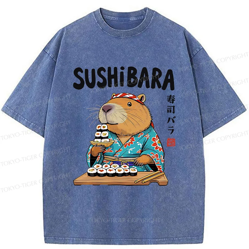 Tokyo-Tiger Capybara Sushi Chef Washed T-Shirt