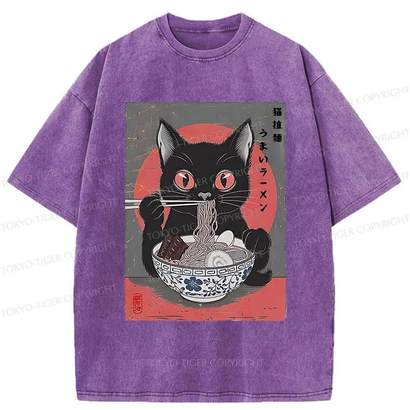 Tokyo-Tiger Black Cat Eating Delicious Ramen Washed T-Shirt