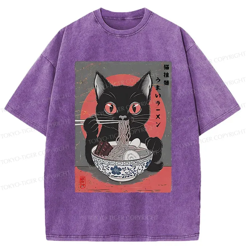 Tokyo-Tiger Black Cat Eating Delicious Ramen Washed T-Shirt