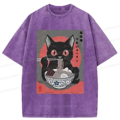 Tokyo-Tiger Black Cat Eating Delicious Ramen Washed T-Shirt