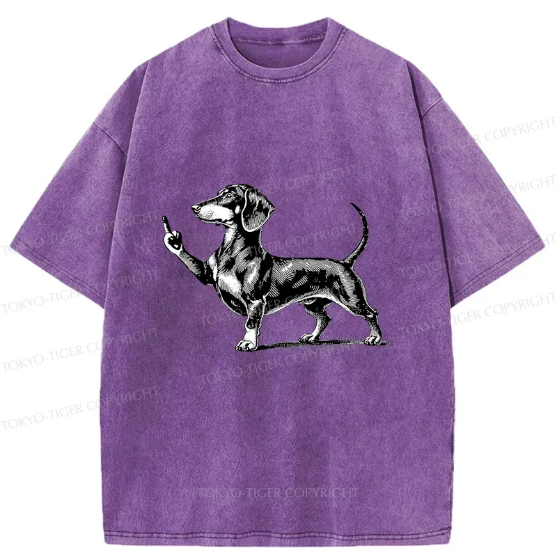Tokyo-Tiger Dachshund Showing Middle Finger Washed T-Shirt