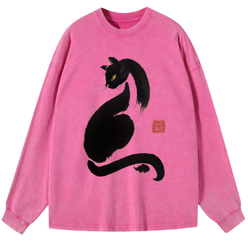 Tokyo-Tiger Elegant Black Cat Japan Washed Long Sleeve T-Shirt
