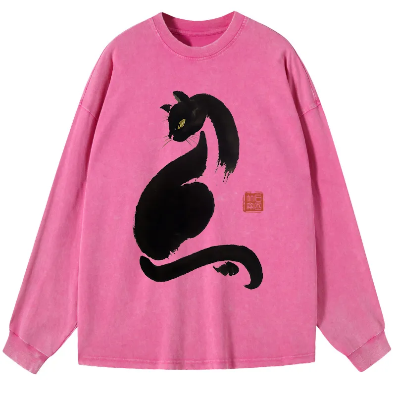 Tokyo-Tiger Elegant Black Cat Japan Washed Long Sleeve T-Shirt
