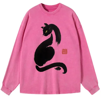 Tokyo-Tiger Elegant Black Cat Japan Washed Long Sleeve T-Shirt