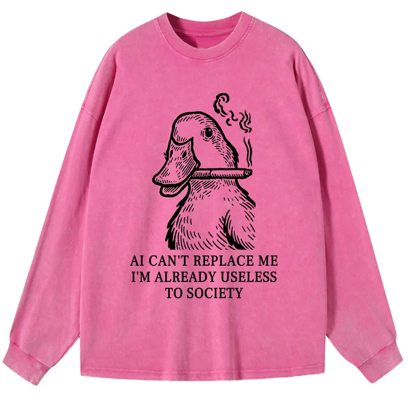 Tokyo-Tiger Smoking Duck Funny Washed Long Sleeve T-Shirt