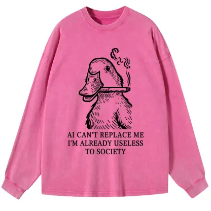 Tokyo-Tiger Smoking Duck Funny Washed Long Sleeve T-Shirt