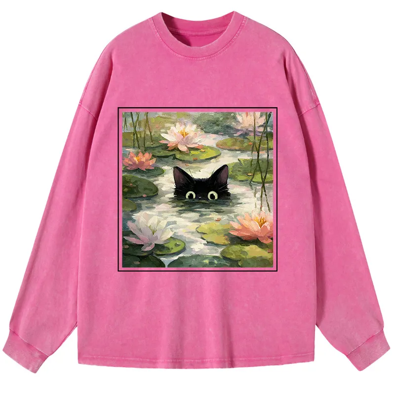 Tokyo-Tiger Black Cat and Lotus Flower Washed Long Sleeve T-Shirt