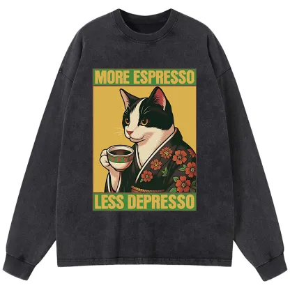 Tokyo-Tiger Tuxedo Cat Drinking Coffee Washed Long Sleeve T-Shirt