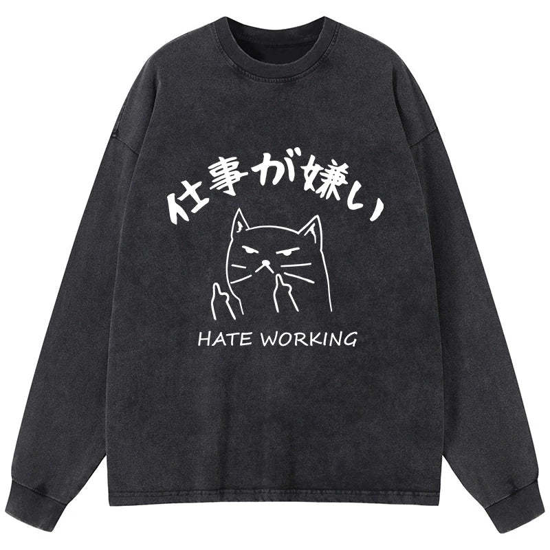 Tokyo-Tiger A Cat That Hates Work Washed Long Sleeve T-Shirt-tokyo-tiger