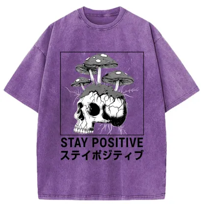 Tokyo-Tiger Stay Positive Funny Washed T-Shirt