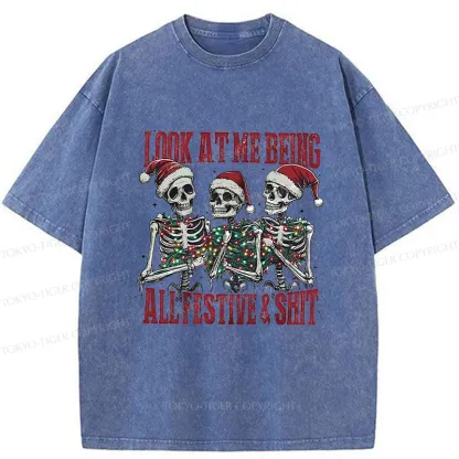 Tokyo-Tiger Funny Christmas Skull Washed T-Shirt