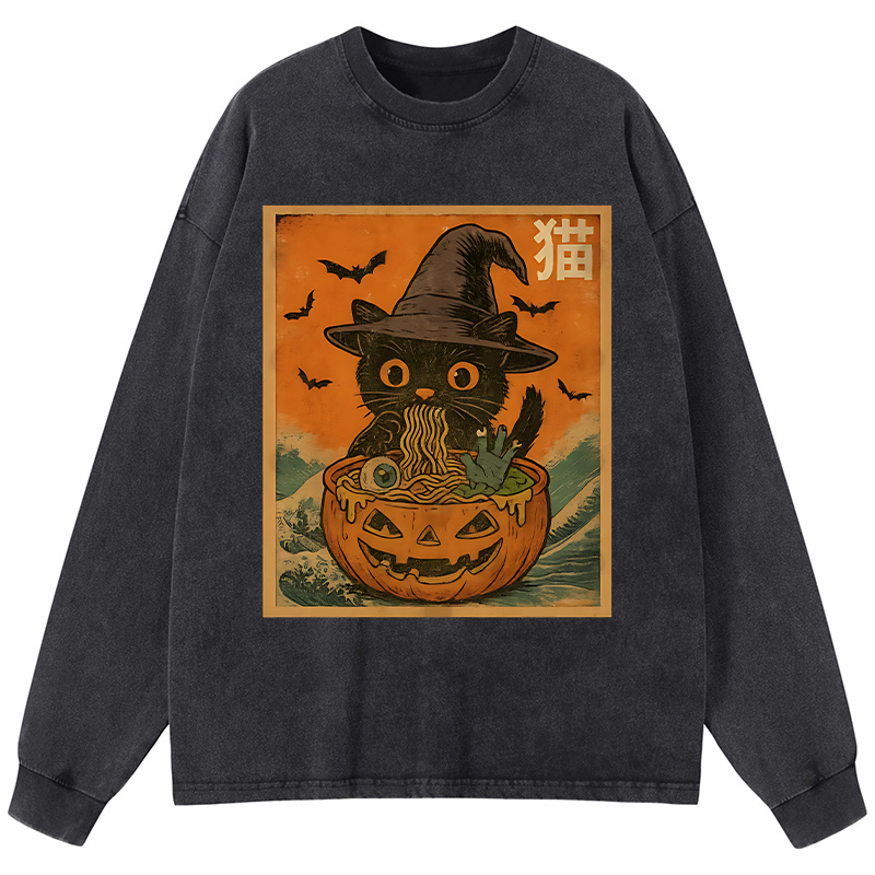 Tokyo-Tiger Halloween Cat Eating Ramen Washed Long Sleeve T-Shirt