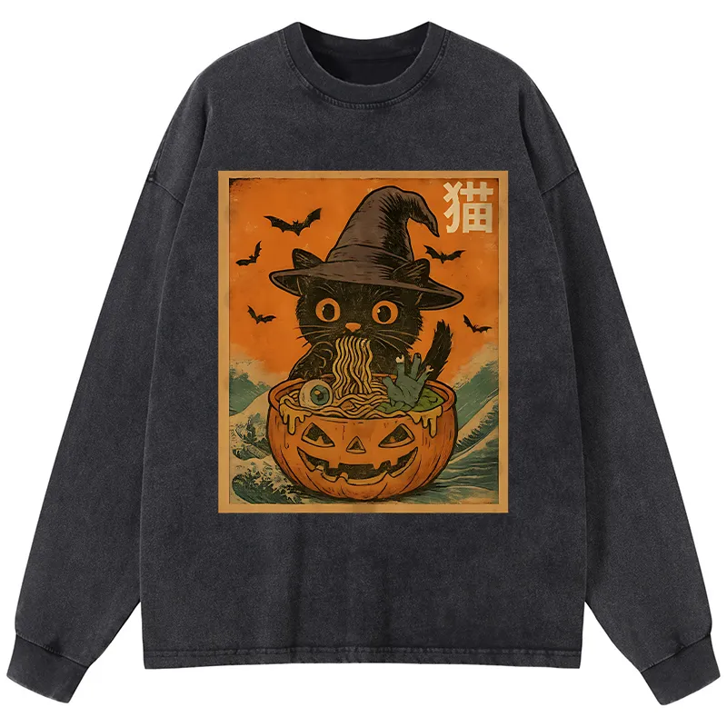 Tokyo-Tiger Halloween Cat Eating Ramen Washed Long Sleeve T-Shirt