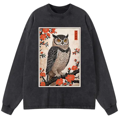 Tokyo-Tiger Vintage Japanese Owl Washed Long Sleeve T-Shirt