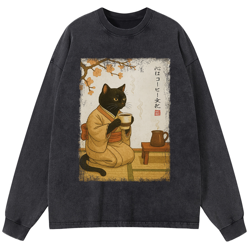 Tokyo-Tiger Cat Heart Full Of Coffee Washed Long Sleeve T-Shirt