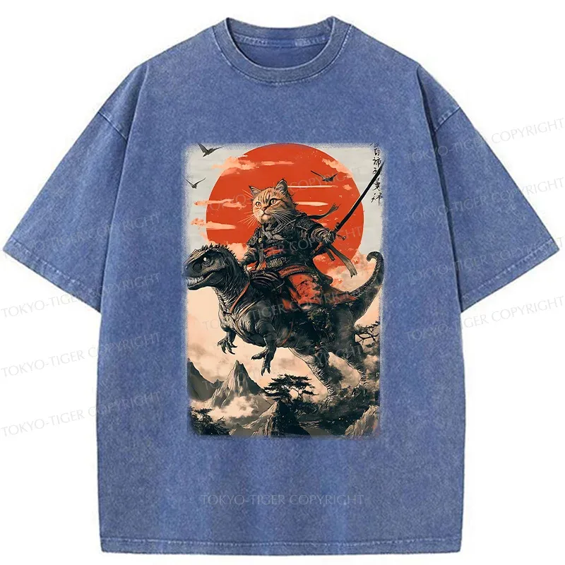 Tokyo-Tiger Brave Cat Samurai Washed T-Shirt