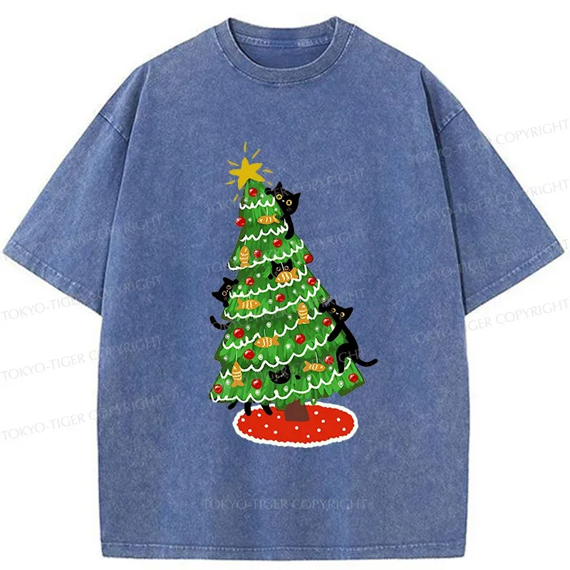 Tokyo-Tiger Christmas Tree Full Of Black Cats Washed T-Shirt