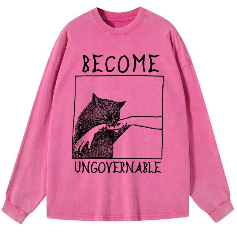 Tokyo-Tiger Cat Biting Arm Washed Long Sleeve T-Shirt