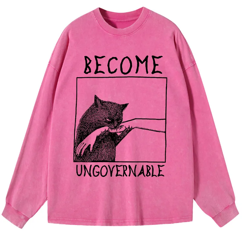 Tokyo-Tiger Cat Biting Arm Washed Long Sleeve T-Shirt