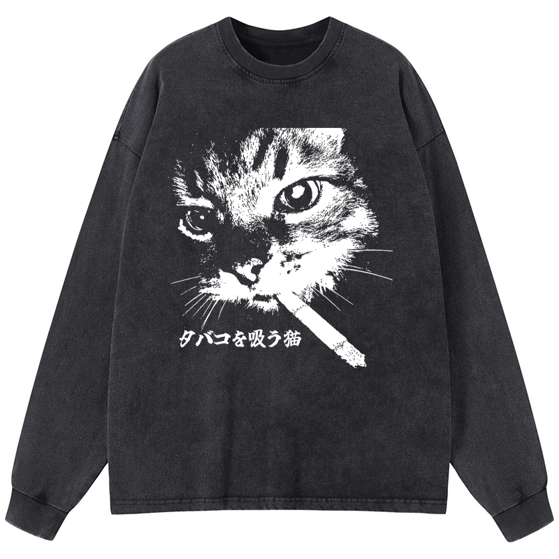 Tokyo-Tiger Retro Cat Smoking Washed Long Sleeve T-Shirt