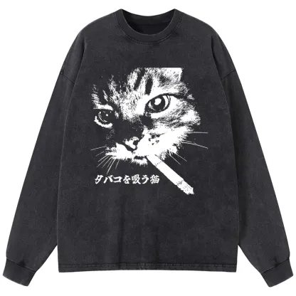 Tokyo-Tiger Retro Cat Smoking Washed Long Sleeve T-Shirt