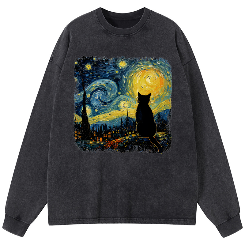 Tokyo-Tiger The Starry Night Cat Washed Long Sleeve T-Shirt