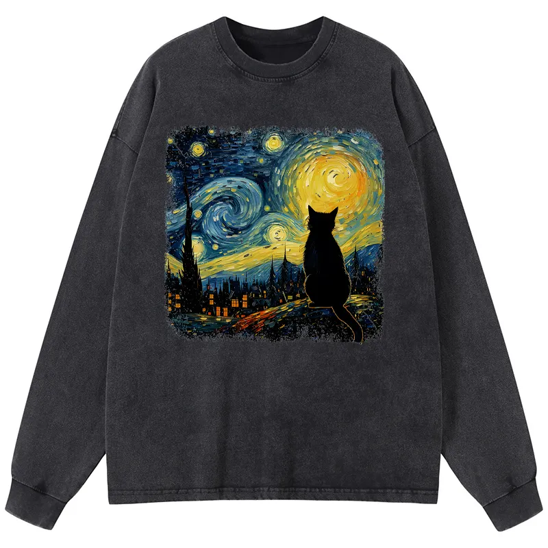Tokyo-Tiger The Starry Night Cat Washed Long Sleeve T-Shirt