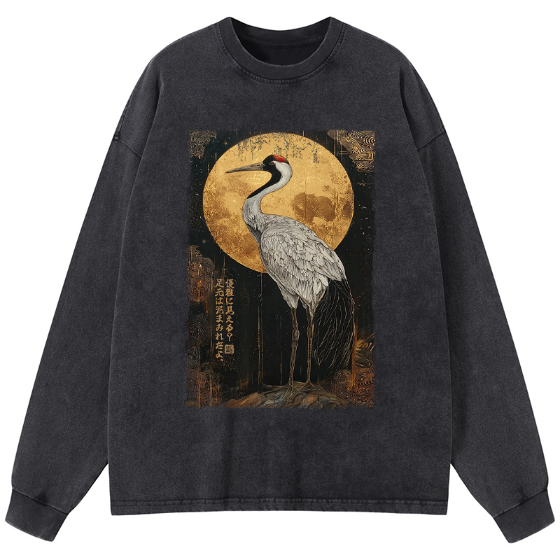 Tokyo-Tiger Vintage Japanese Crane Kanji Washed Long Sleeve T-Shirt
