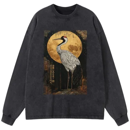 Tokyo-Tiger Vintage Japanese Crane Kanji Washed Long Sleeve T-Shirt