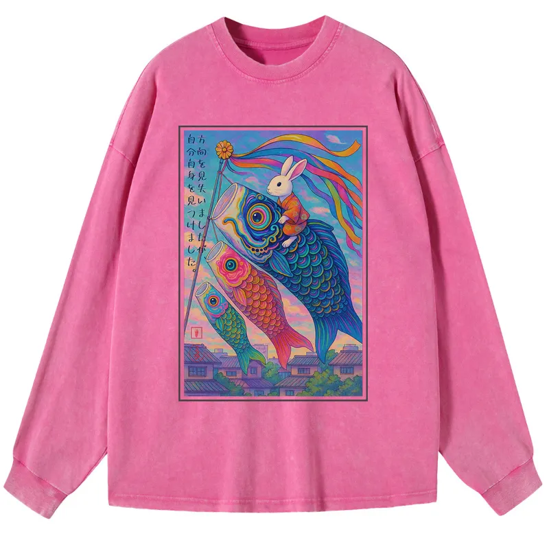 Tokyo-Tiger Ukiyoe Rabbit Ride Carp Streamer Poster Washed Long Sleeve T-Shirt