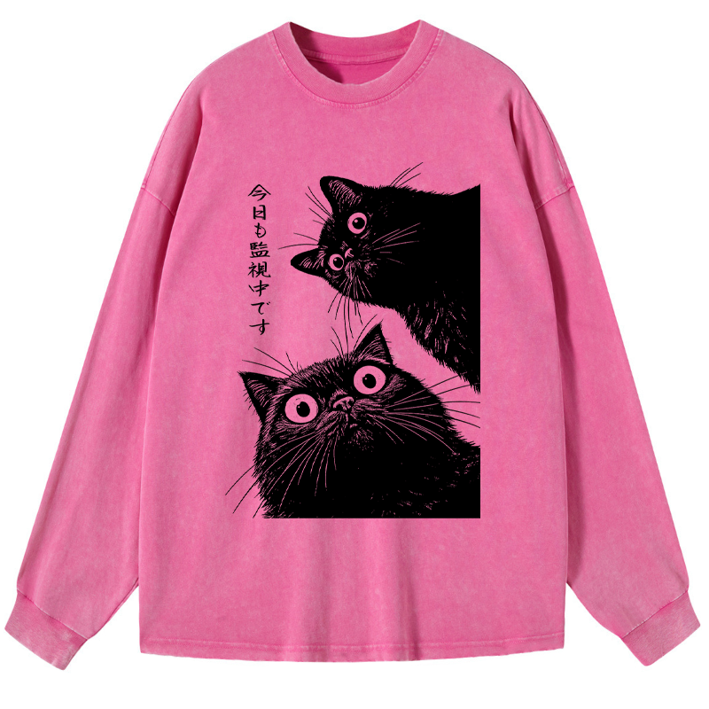 Tokyo-Tiger The Cat Is Watching Today Washed Long Sleeve T-Shirt
