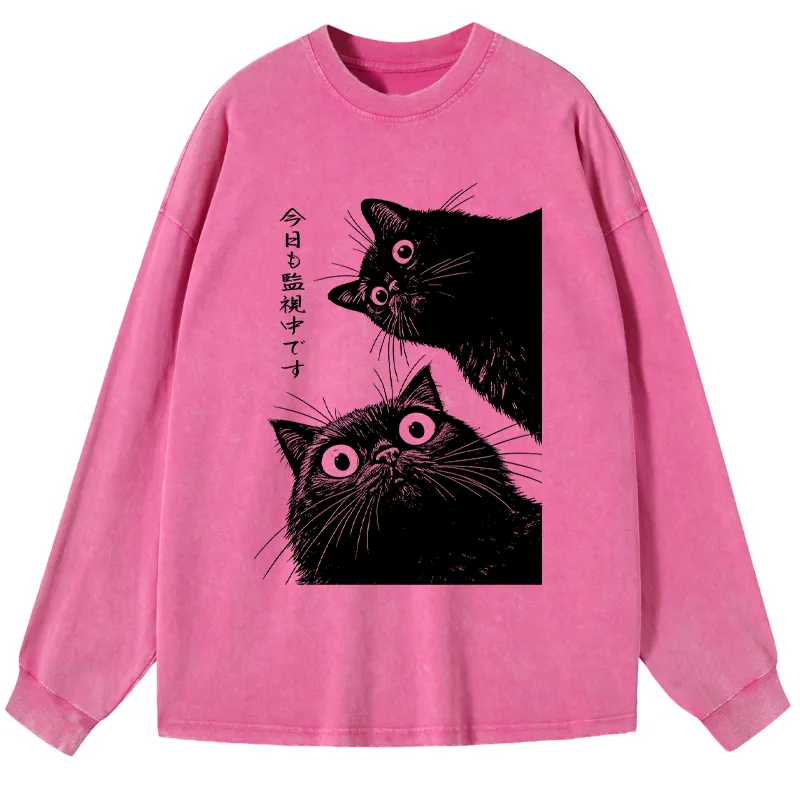 Tokyo-Tiger The Cat Is Watching Today Washed Long Sleeve T-Shirt