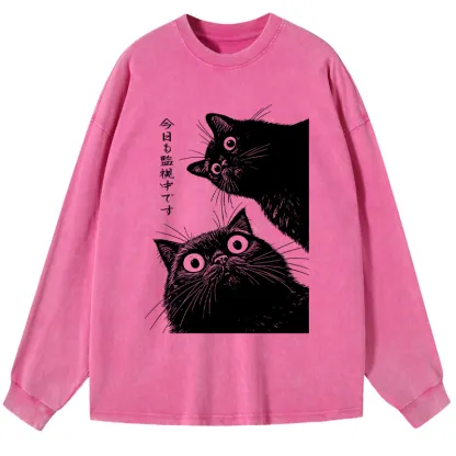 Tokyo-Tiger The Cat Is Watching Today Washed Long Sleeve T-Shirt