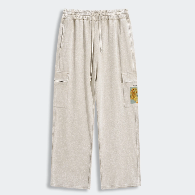 Tokyo-Tiger Black Cat With Sunflowers Washed Utility Sweatpants