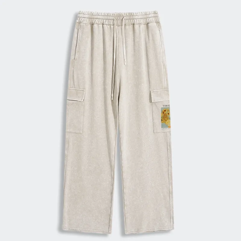 Tokyo-Tiger Black Cat With Sunflowers Washed Utility Sweatpants