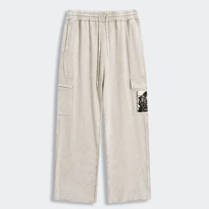 Tokyo-Tiger Cat Samurai Retro Washed Utility Sweatpants