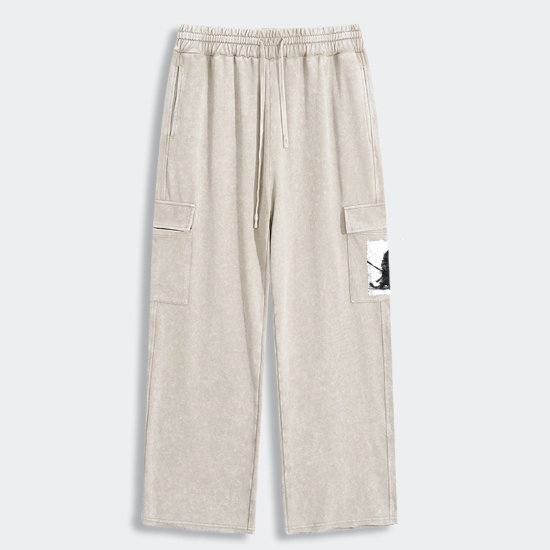Tokyo-Tiger Retro Cat Samurai Japanese Washed Utility Sweatpants