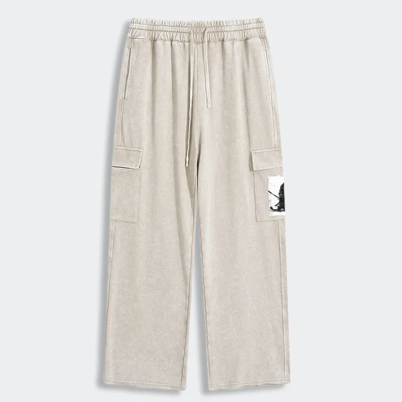 Tokyo-Tiger Retro Cat Samurai Japanese Washed Utility Sweatpants