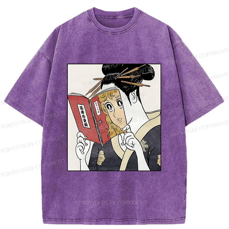 Tokyo-Tiger Geisha Reading Girls' Comics Washed T-Shirt