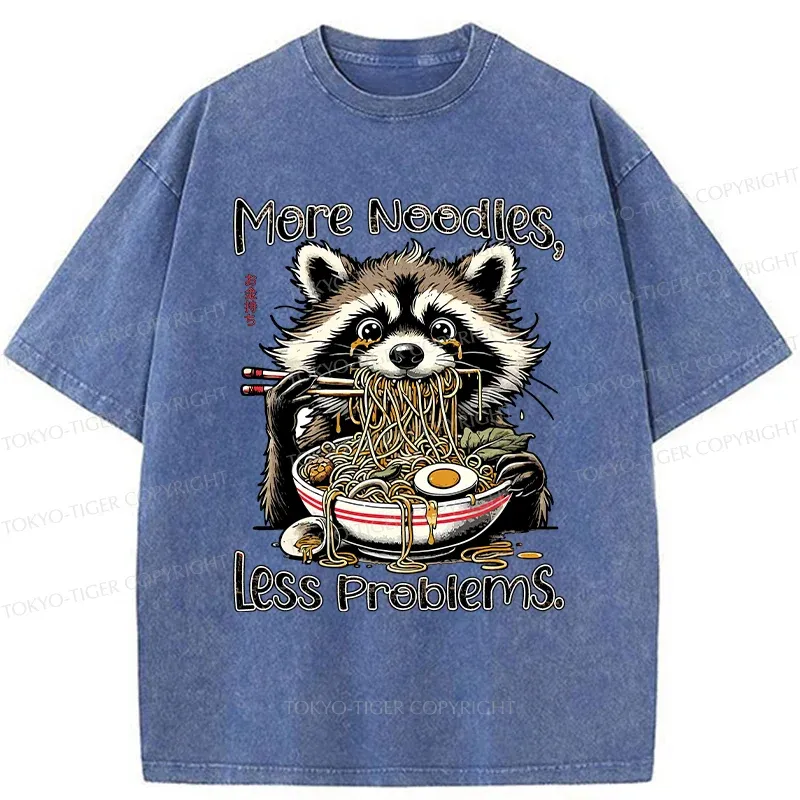 Tokyo-Tiger Raccoon Eating Delicious Ramen Washed T-Shirt Sale