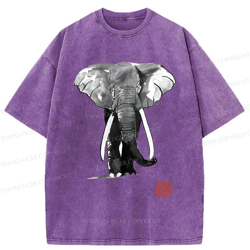 Tokyo-Tiger Elephant Ink Painting Washed T-Shirt