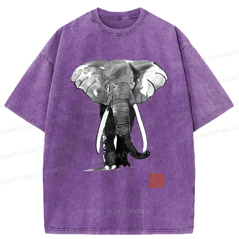 Tokyo-Tiger Elephant Ink Painting Washed T-Shirt