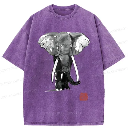 Tokyo-Tiger Elephant Ink Painting Washed T-Shirt